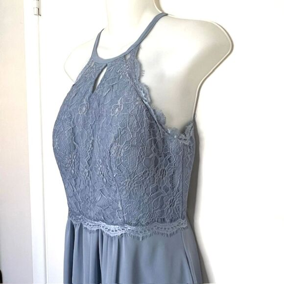 AZAZIE DUSTY BLUE LACE & CHIFFON FORMAL KEYHOLE HALTER TOP BRIDESMAID MOB MOG - Picture 4 of 12